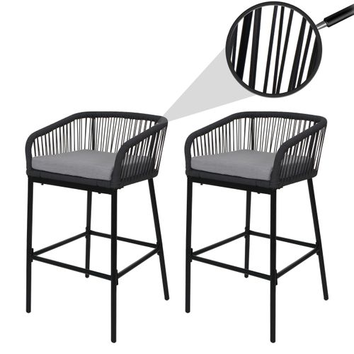 Lot De 2 Tabourets De Bar Rope Hwc-o22 Anthracite, Coussin Gris Clair