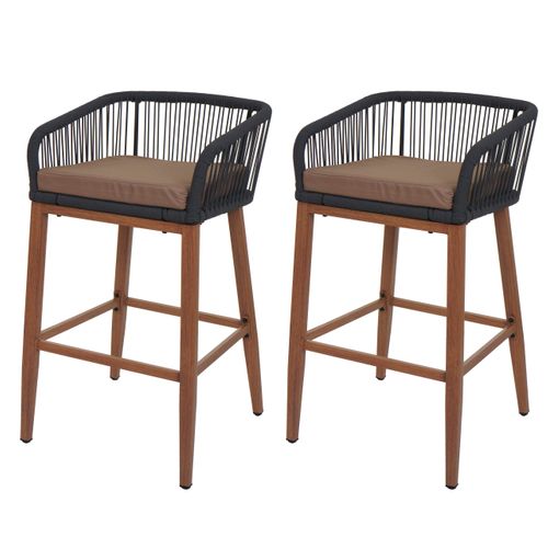 Lot De 2 Tabourets De Bar Rope Hwc-o22 Anthracite, Coussin Taupe