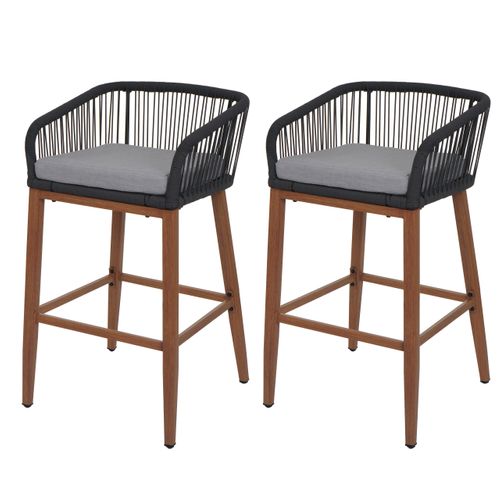 Lot De 2 Tabourets De Bar Rope Hwc-o22 Anthracite, Coussin Gris Clair