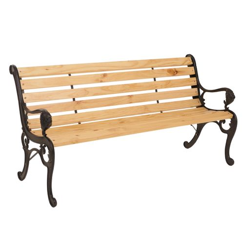 Banc De Jardin Hwc-o25, Banc 3 Places En Bois Et Fonte, 164 Cm ~ Naturel