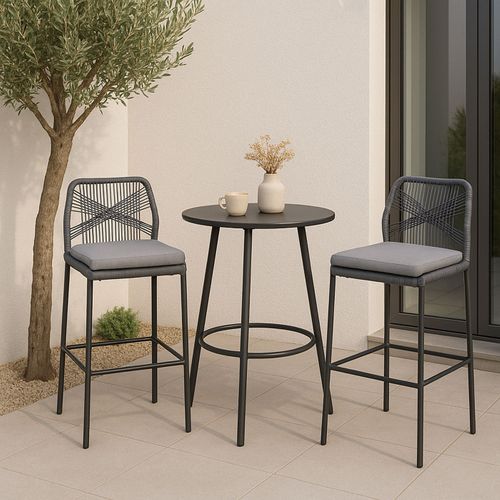 Lot De 2 Tabourets De Bar Rope Hwc-o21 Anthracite, Coussin Gris Clair