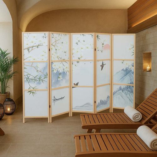 Paravent Hwc-o70 Bois Mvg Polyéthylène 170x227cm Paysage Fluvial