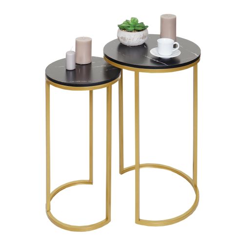 Lot De 2 Tables D'appoint Hwc-k46 Aspect Marbré Mvg-certifié Mdf Noir-or