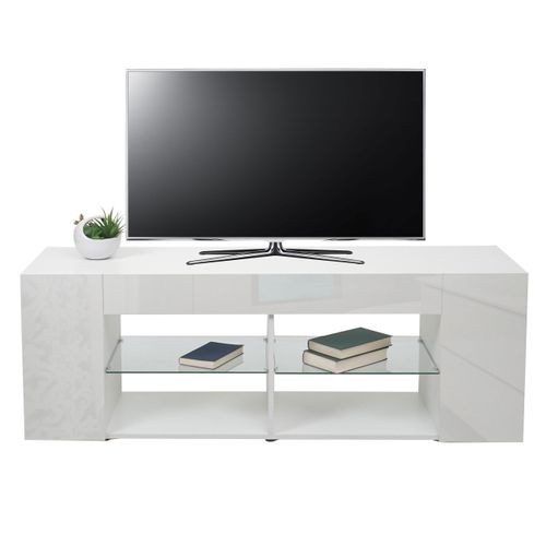 Meuble TV Hwc-l36 50x144x40cm Compartiment De Rangement, Blanc Brillant
