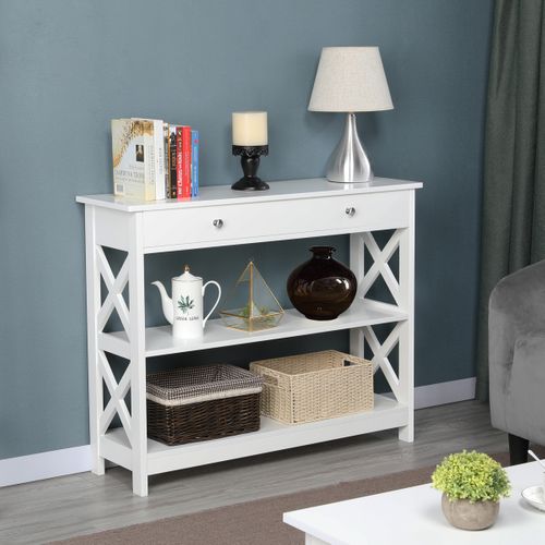 Table Console Meuble Entrée En Bois Blanc Table D'appoint 3 Niveaux 1 Tiroir