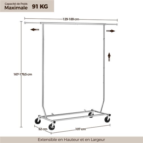 Portant à Vêtements à Roulettes En Métal Chromé Avec Tubes Télescopiques Extensibles, Argent