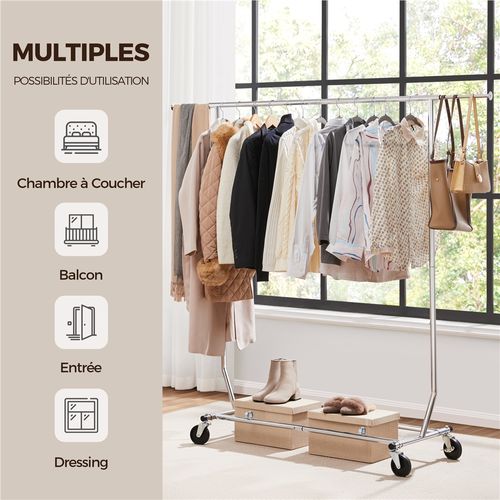 Portant à Vêtements à Roulettes En Métal Chromé Avec Tubes Télescopiques Extensibles, Argent