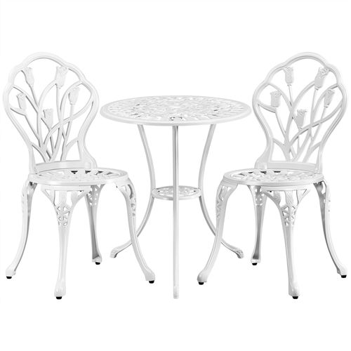 Ensemble Table Et 2 Chaises De Jardin En Aluminium Avec Trou Pour Parasol, Blanc
