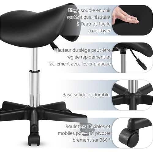 Tabouret Selle De Cheval à Roulettes Réglable En Hauteur Tabouret Pony En Similicuir, Noir