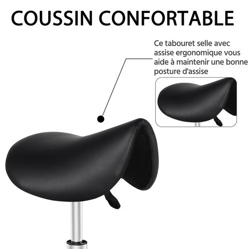 Tabouret Selle De Cheval à Roulettes Réglable En Hauteur Tabouret Pony En Similicuir, Noir