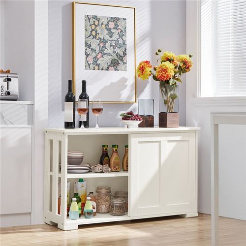 Buffet En Bois Avec 2 Portes Coulissantes Et Étagère Réglable En Hauteur, Blanc Antique