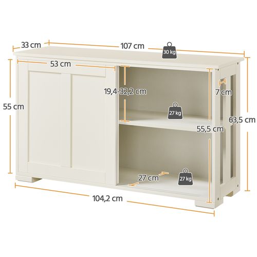 Buffet En Bois Avec 2 Portes Coulissantes Et Étagère Réglable En Hauteur, Blanc Antique