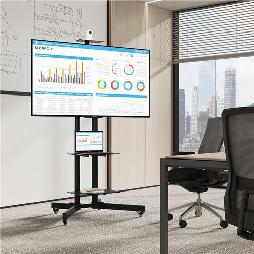 Support TV Sur Pied à Roulettes Avec Freins Système De Gestion Des Câbles 3 Tablettes, Noir