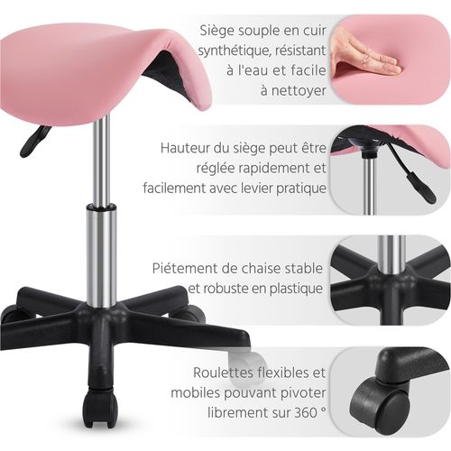 Tabouret Selle De Cheval à Roulettes Réglable En Hauteur Tabouret Pony En Similicuir, Rose