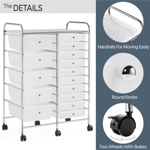 Chariot De Rangement Métallique Sur 6 Roulettes Avec 15 Tiroirs Plastiques, Blanc