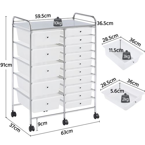 Chariot De Rangement Métallique Sur 6 Roulettes Avec 15 Tiroirs Plastiques, Blanc