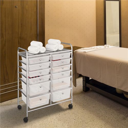 Chariot De Rangement Avec 12 Tiroirs Plastisque, Cadre Métallique Et Roues Pivotantes, Blanc