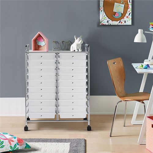 Chariot De Rangement à Roulettes Chariot De Rangement En Métal Avec 20 Tiroirs Plastiques, Blanc
