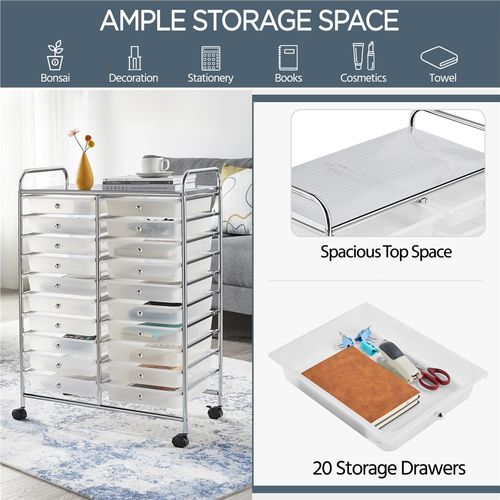 Chariot De Rangement à Roulettes Chariot De Rangement En Métal Avec 20 Tiroirs Plastiques, Blanc