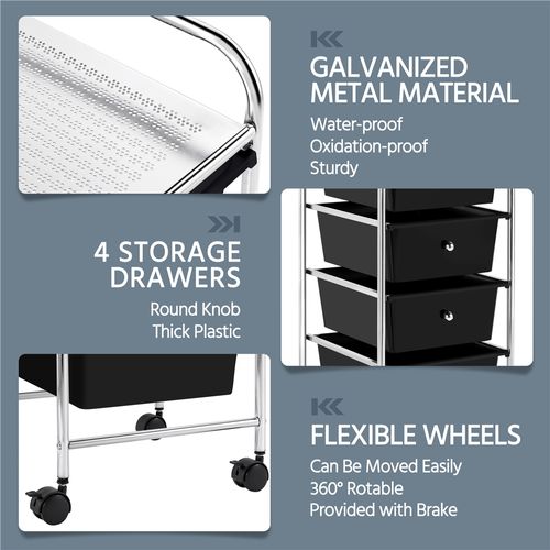 Chariot à Roulettes Pratique Avec 4 Tiroirs Chariot Roulant De Grand Espace, Noir