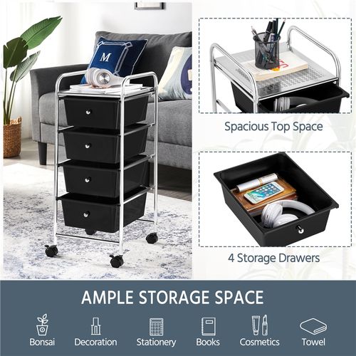 Chariot à Roulettes Pratique Avec 4 Tiroirs Chariot Roulant De Grand Espace, Noir