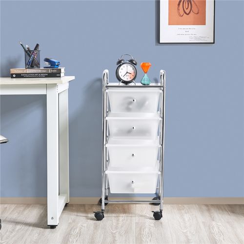 Chariot à Roulettes Pratique Avec 4 Tiroirs Chariot Roulant De Grand Espace, Blanc