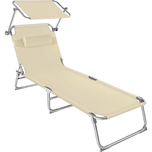 Transat Pliable En Acier Réglable 4 Positions Coussin De Tête Beige