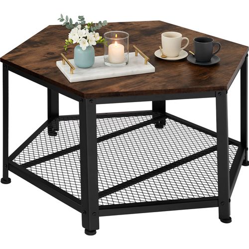 Table Basse De Salon Hexagonal Avec Étagère Grillagée Bois Foncé