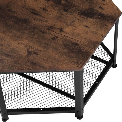 Table Basse De Salon Hexagonal Avec Étagère Grillagée Bois Foncé