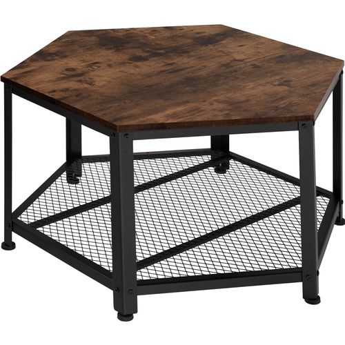 Table Basse De Salon Hexagonal Avec Étagère Grillagée Bois Foncé