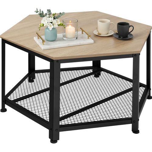 Table Basse De Salon Hexagonal Avec Étagère Grillagée Bois Clair