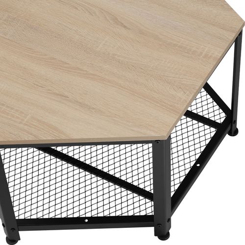 Table Basse De Salon Hexagonal Avec Étagère Grillagée Bois Clair