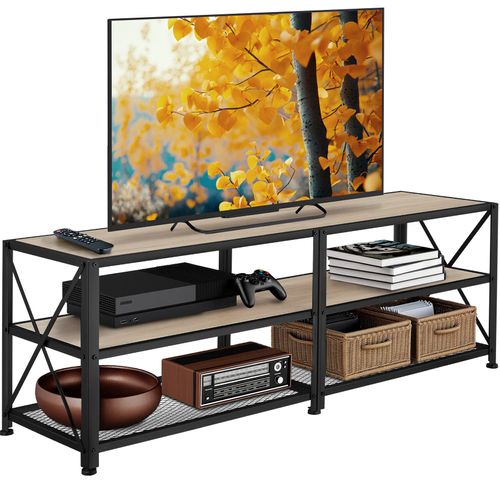 Meuble TV Style Industriel Pieds Réglables En Hauteur Bois Clair