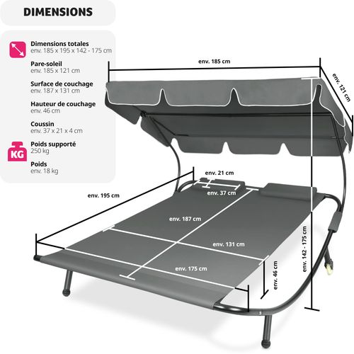 Transat En Acier Pour 2 Personnes 2 Roulettes 2 Coussins De Tête Noir