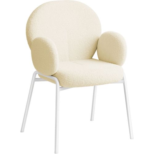 Chaise Rembourrée En Tissu Bouclette Dossier Haut Et Accoudoirs Crème