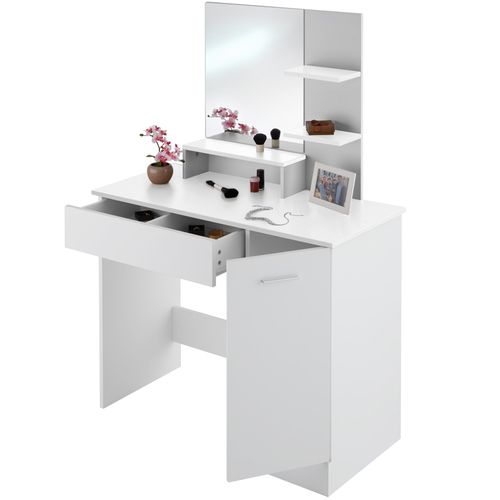 Coiffeuse Moderne 3 Étagères Avec Miroir Tiroir Compartimenté Blanche