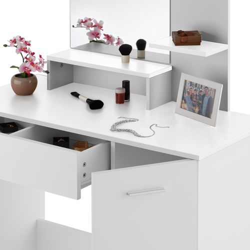 Coiffeuse Moderne 3 Étagères Avec Miroir Tiroir Compartimenté Blanche