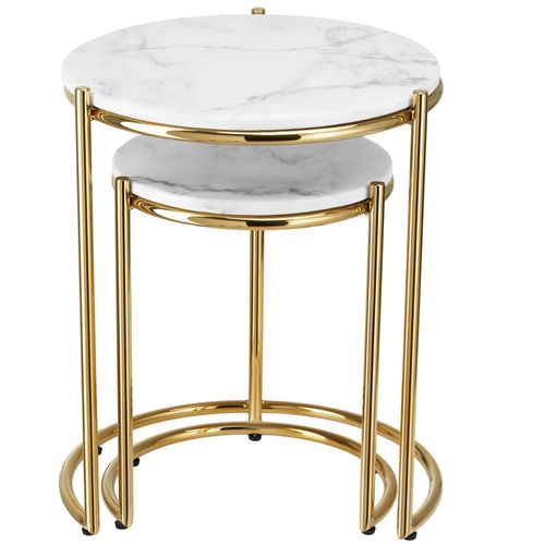 Lot 2 Tables D'appoint Plateau En Marbre Et Structure En Acier Dorées