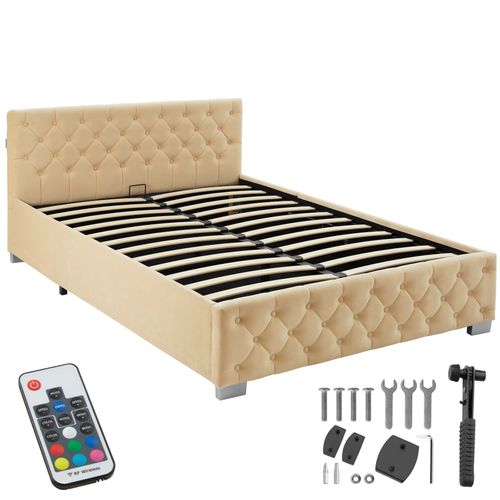 Lit Capitonné Avec Bandes LED Et Espace De Rangement 140x200 Beige