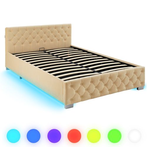 Lit Capitonné Avec Bandes LED Et Espace De Rangement 140x200 Beige