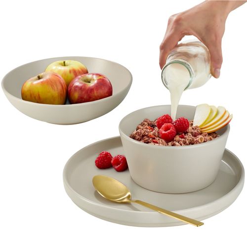 24 Pièces Service De Table En Grès Pour 6 Personnes Taupe