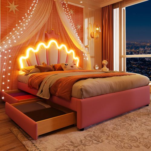 Lit Adulte 140x200 Cm Lit 2 Place Avec 2 Tiroirs Et LED, Pu, Rose