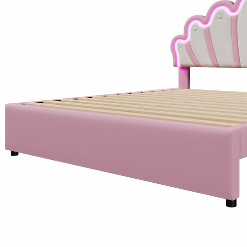Lit Adulte 140x200 Cm Lit 2 Place Avec 2 Tiroirs Et LED, Pu, Rose