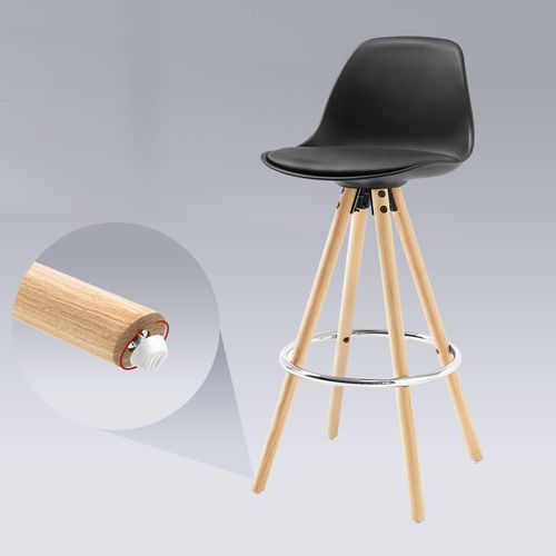 Tabouret De Bar En Similicuir Siège De Cuisine Pied En Bois Avec Repose-Pied-Noir