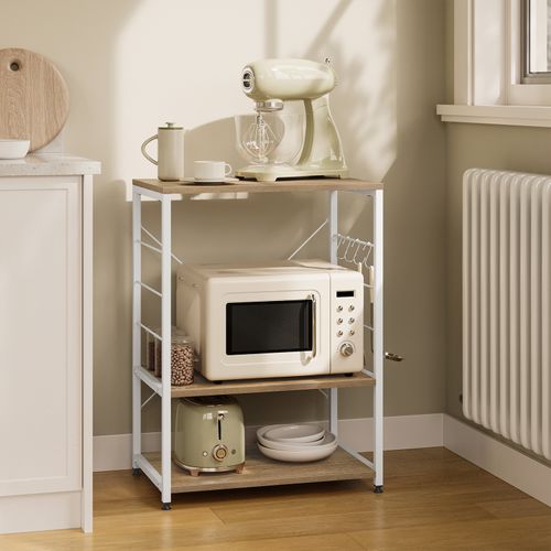 Étagère Rangement à Micro-Ondes. Étagère Cuisine En Bois Massif+Acier. 60x39x74cm. Blanc+Chêne