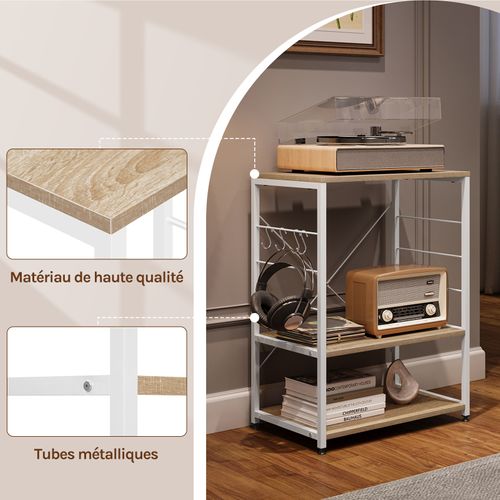 Étagère Rangement à Micro-Ondes. Étagère Cuisine En Bois Massif+Acier. 60x39x74cm. Blanc+Chêne