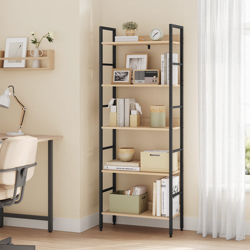 Étagère De Rangement En Bois Et Cadre En Acier. 5 Tablettes. 60x27.5x160 Cm. Noir+Chêne Clair