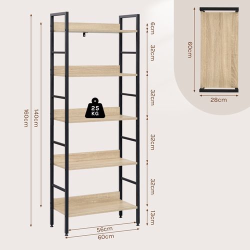 Étagère De Rangement En Bois Et Cadre En Acier. 5 Tablettes. 60x27.5x160 Cm. Noir+Chêne Clair