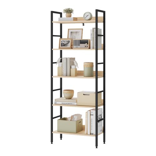 Étagère De Rangement En Bois Et Cadre En Acier. 5 Tablettes. 60x27.5x160 Cm. Noir+Chêne Clair