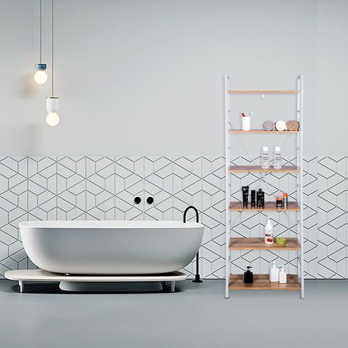 Étagère De Rangement En Bois Et Métal 60x28x180 cm.blanc+chêne Clair